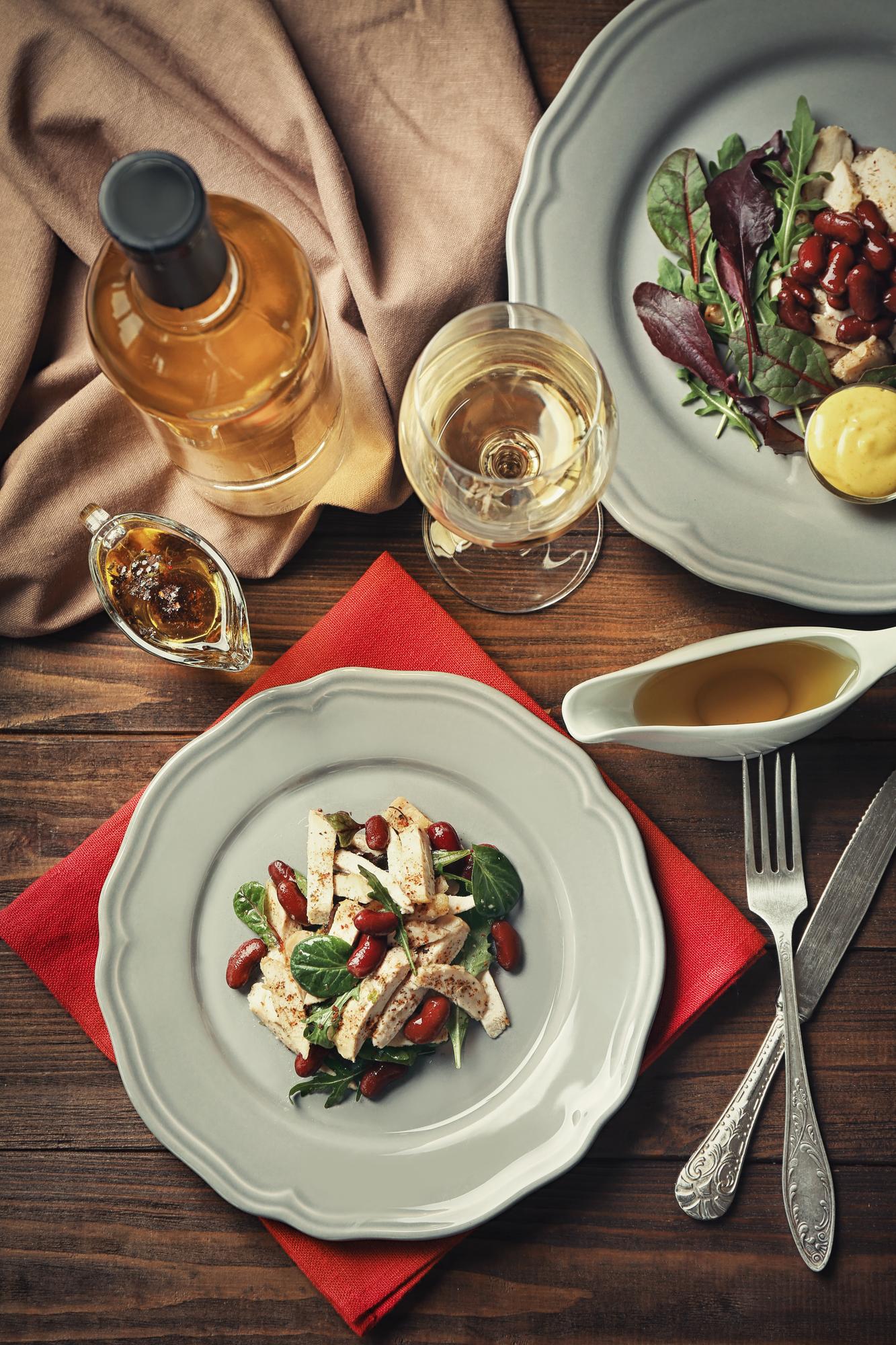 Sample plated menu spread with wine